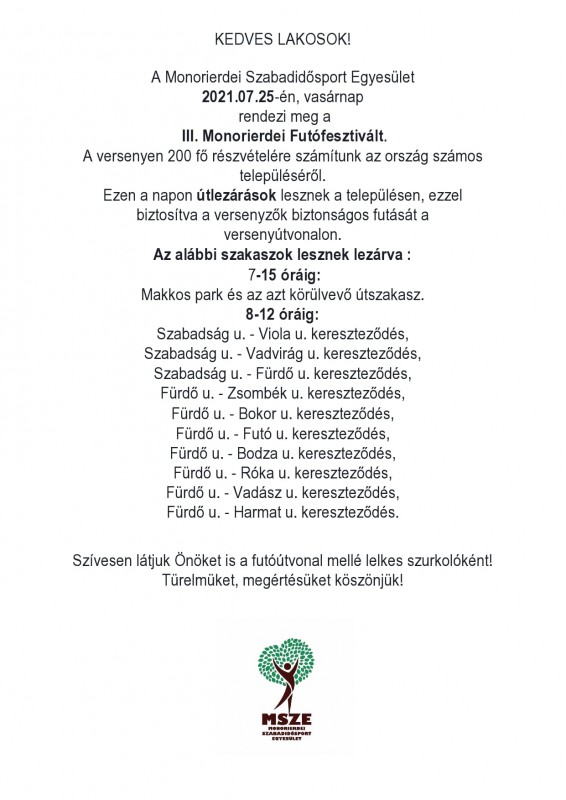 | Futóverseny Monorierdőn - ÚTLEZÁRÁSOK